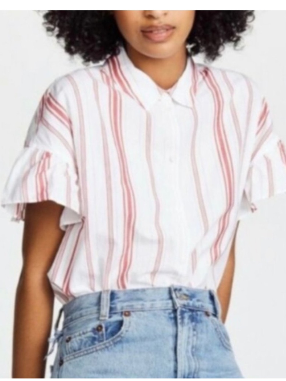 Madewell Central Ruffle Sleeve Button-Down Top in Carey Stripe Pattern XS